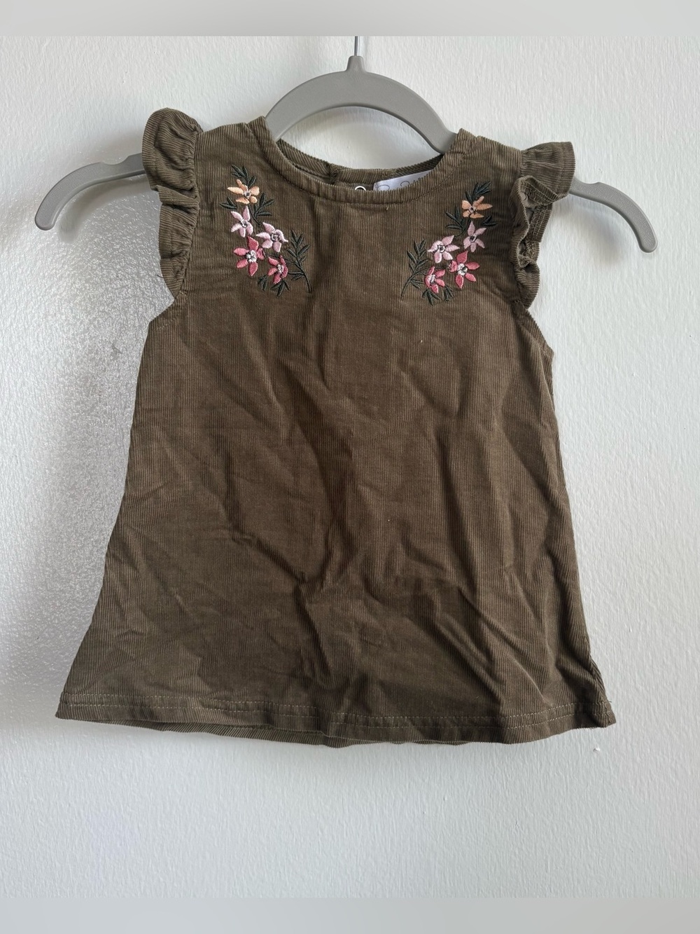 René Rofé Baby Girls 3-6M Olive Sleeveless Floral Corduroy Dress Embroidered
